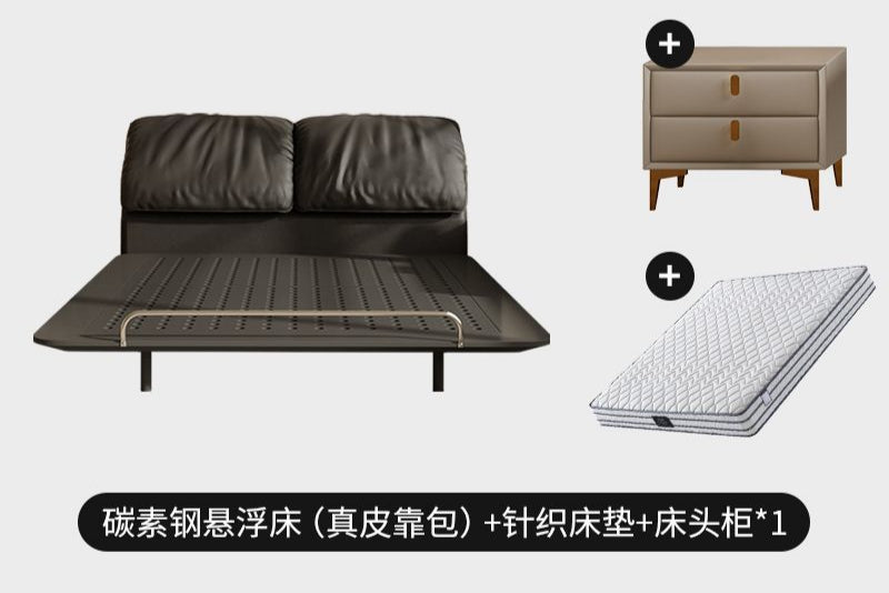 侘寂风钢艺床意式复古碳素钢齐边主卧床小户型大象耳朵真皮悬浮床