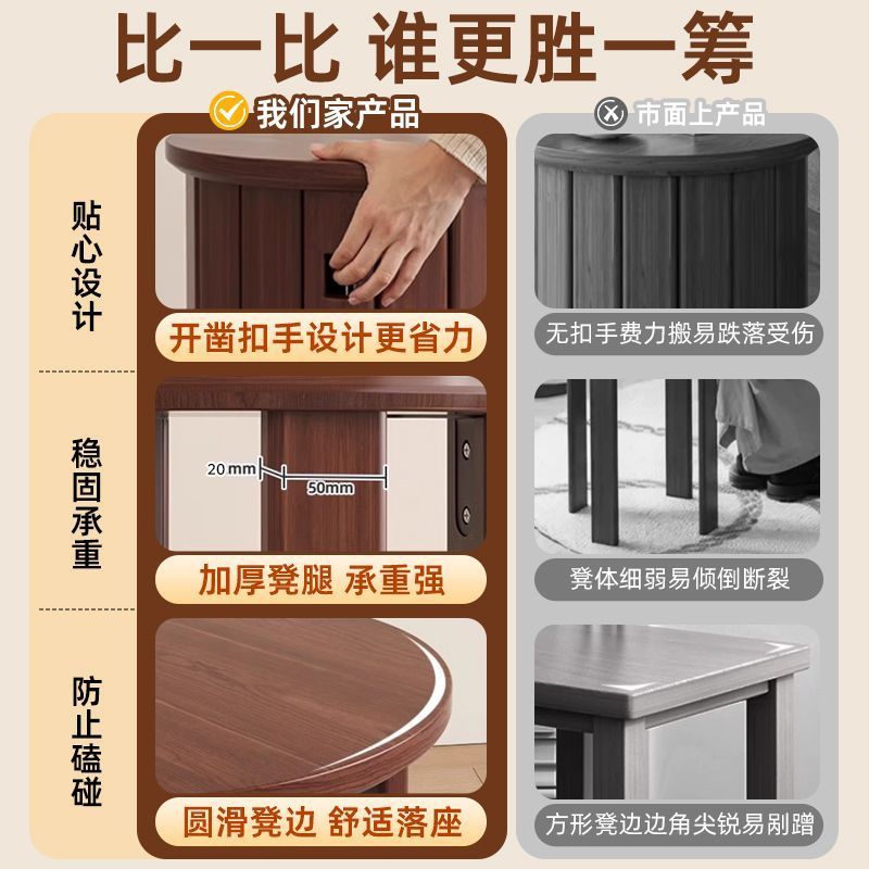 实木可叠放茶几组合凳子叠叠乐圆凳餐桌待客备用凳带滑轮折叠椅子