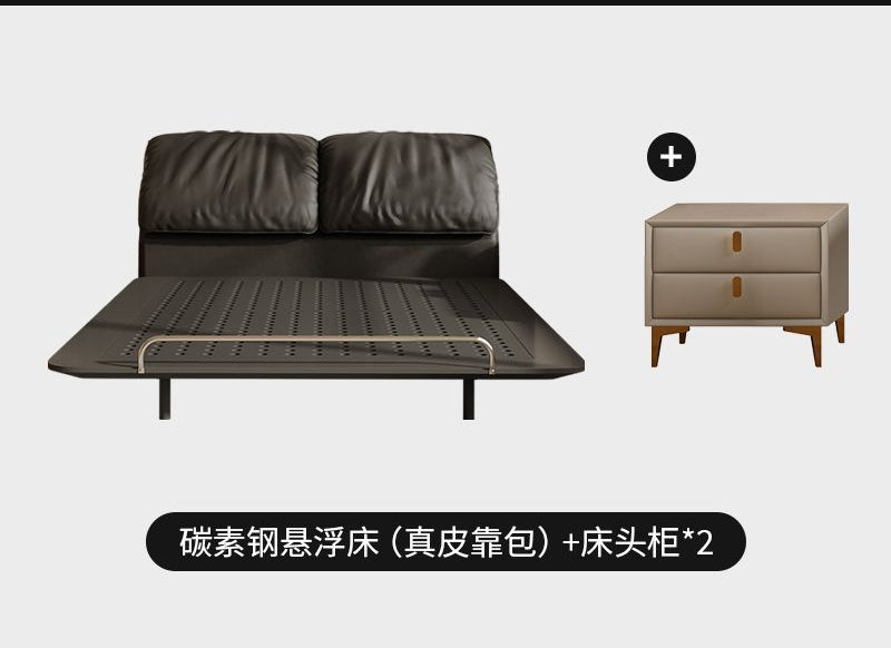 侘寂风钢艺床意式复古碳素钢齐边主卧床小户型大象耳朵真皮悬浮床