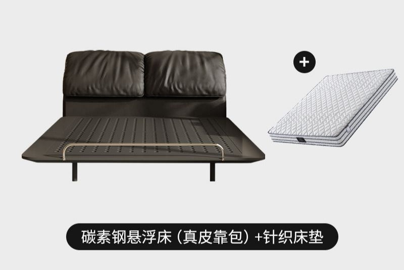 侘寂风钢艺床意式复古碳素钢齐边主卧床小户型大象耳朵真皮悬浮床