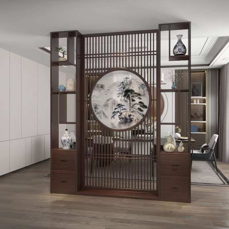 新中式屏風隔斷客廳遮擋玄關櫃仿古屏風隔斷復古風一體遮擋置物架
