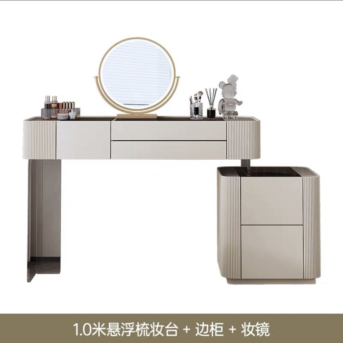 奶油風梳妝檯臥室現代簡約輕奢巖板化妝桌小戶型家用實木化妝臺