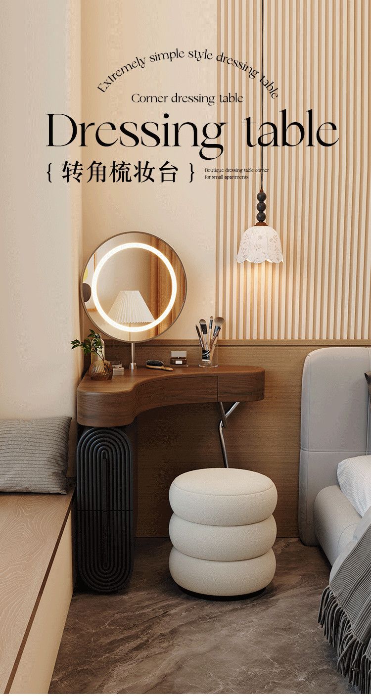 中古風實木轉角梳妝檯鬥櫃一體臥室收納櫃小戶型拐角三角化妝臺桌