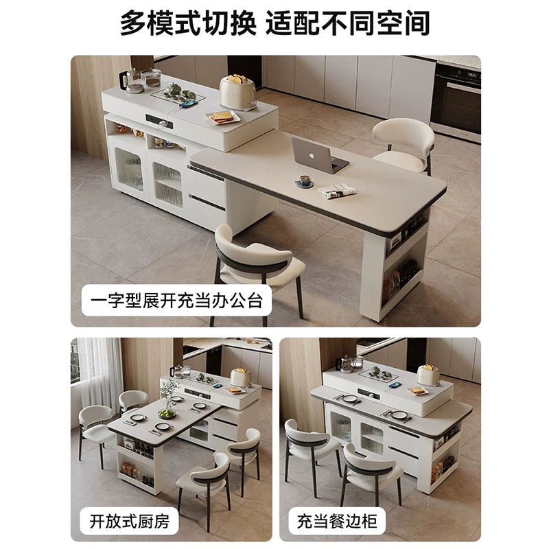 奶油简约实木岩板岛台餐桌一体小户型多功能现代旋转家用伸缩中岛