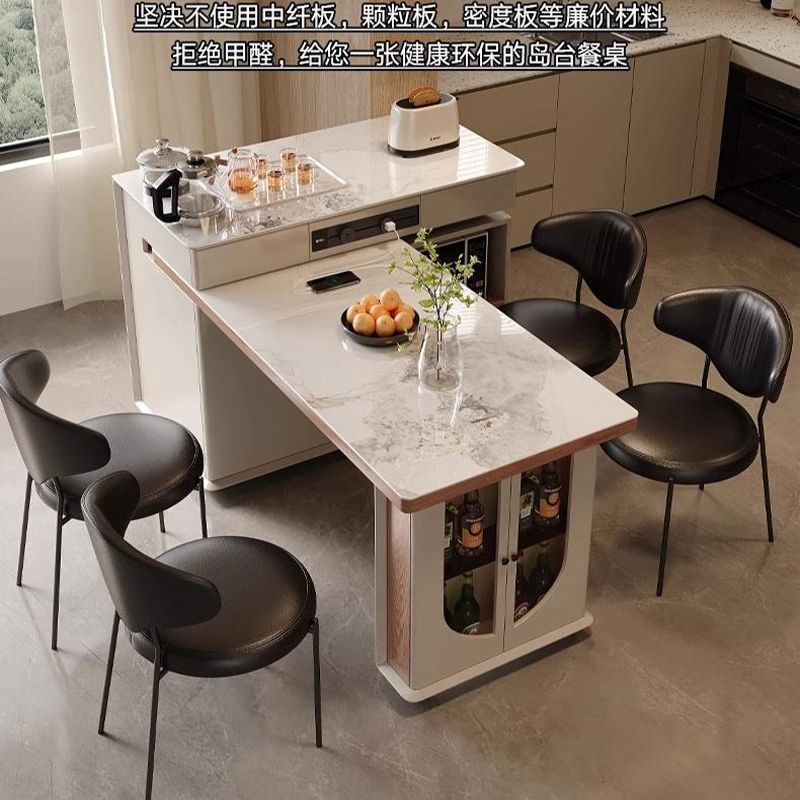 岩板岛台餐桌一体可旋转伸缩现代简约多功能家用奶油风转角吧台桌