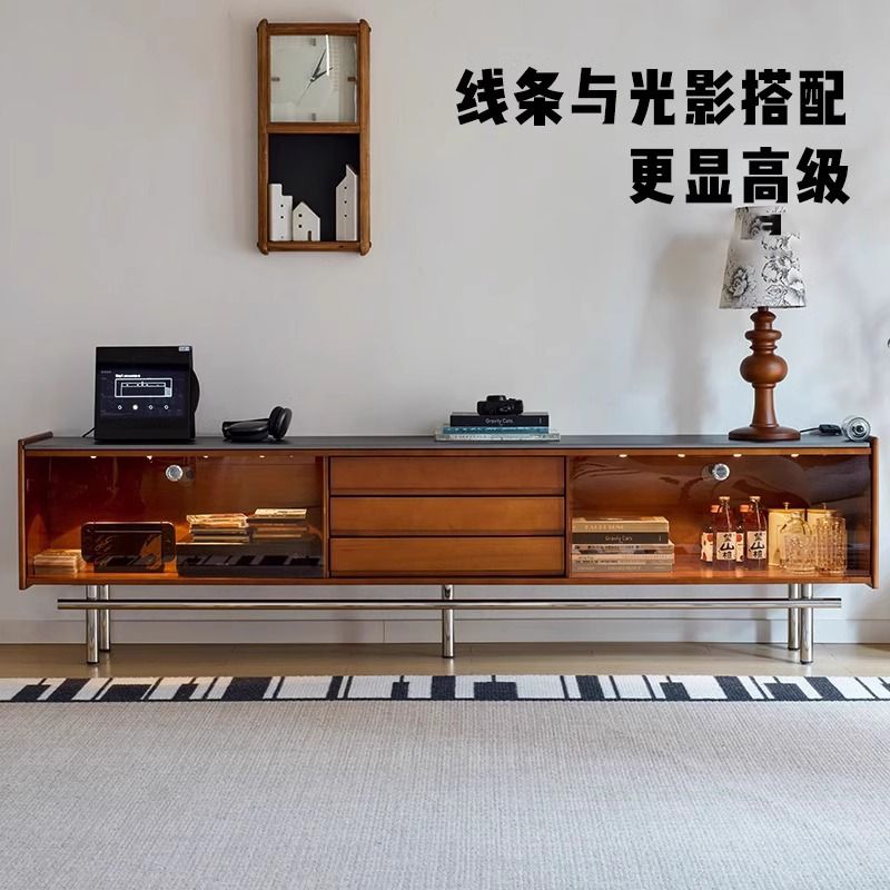 簡約現代覓谷實木中古風電視櫃巖板小戶型收納儲物櫃電視機櫃