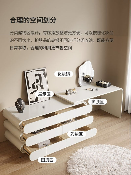 網紅意式極簡梳妝檯鬥櫃一體臥室現代簡約實木奶油白色伸縮化妝桌