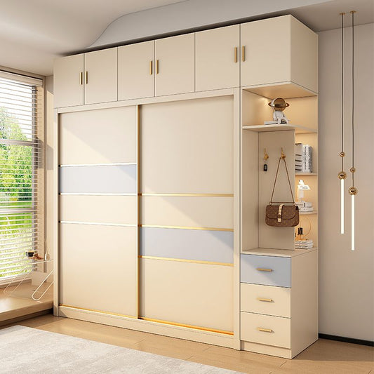 臥室推拉門衣櫃奶油風家用臥室簡約現代實木多層生態板原木色移門