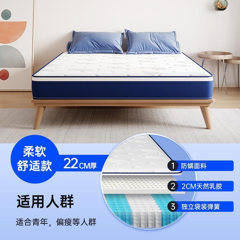 藍色記憶棉盒子壓縮捲包牀墊家用臥室乳膠獨立彈簧席夢思軟墊名牌