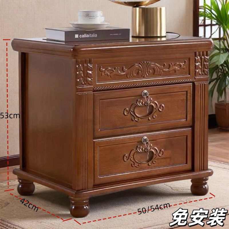 中式復古整裝帶鎖雕花實木新款牀頭櫃簡約臥室牀邊儲物櫃家用收納