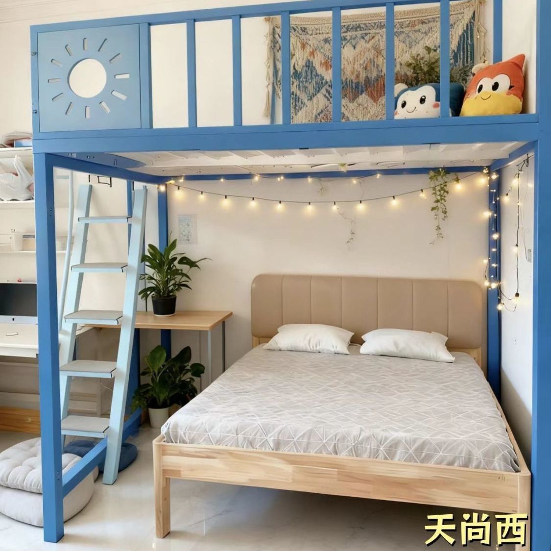 鐵藝高架牀單上層上牀複式空間下桌鐵架牀二樓小戶型閣樓牀高低