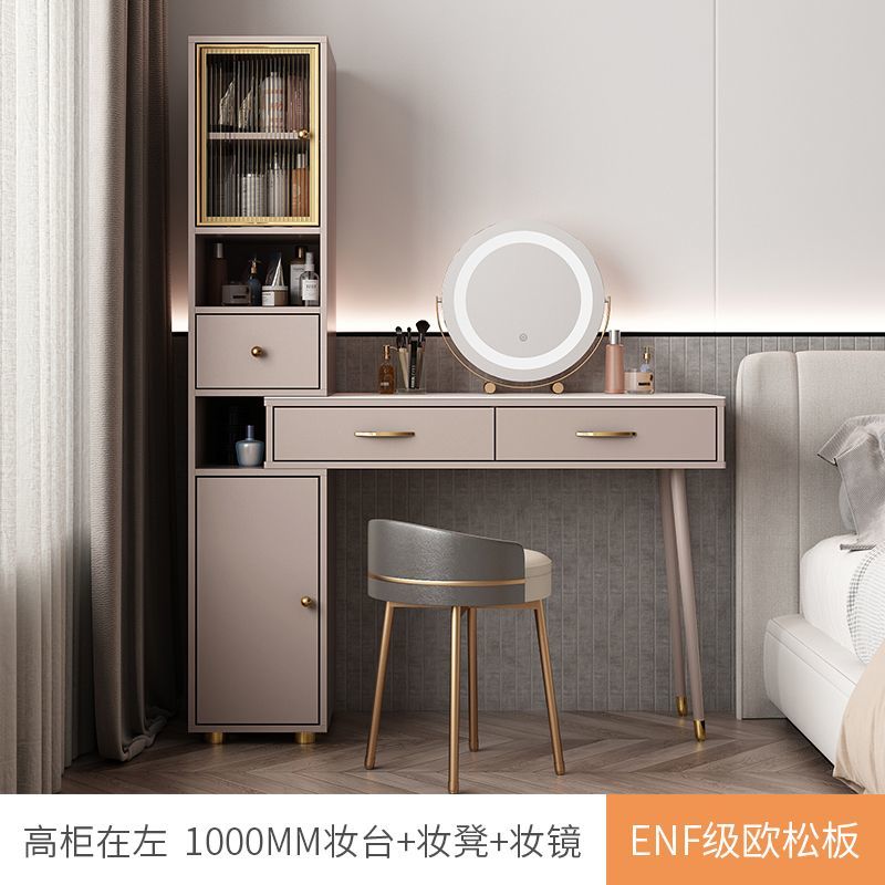 2024年新款輕奢巖板梳妝檯現代簡約儲物化妝桌伸縮收納一體香檳灰