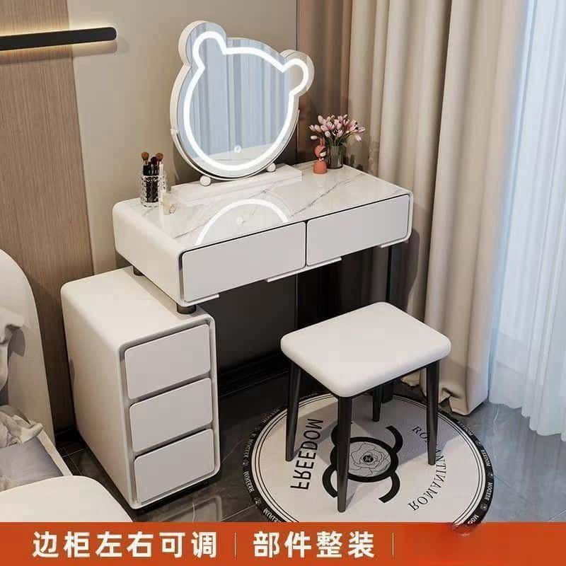 简约梳妆台奶油风化妆桌小户型现代轻奢化妆台梳妆台亮面钢化玻璃
