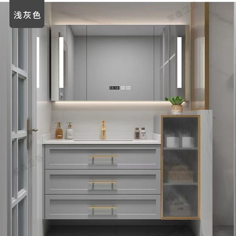 橡木烤漆輕奢浴室櫃組合奶油風巖板陶瓷一體盆衛生間洗漱臺洗手檯