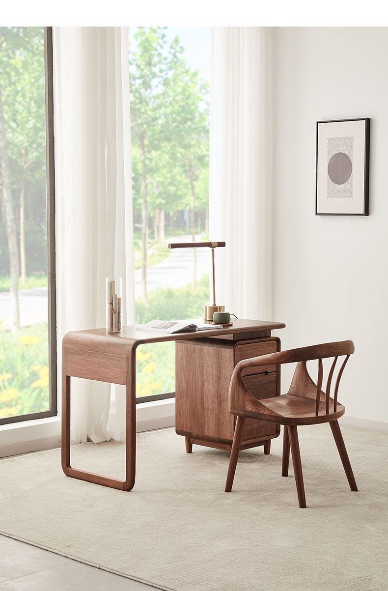 一體黑胡桃木書桌房間電腦桌網紅寫字檯書房全實木辦公桌新中式