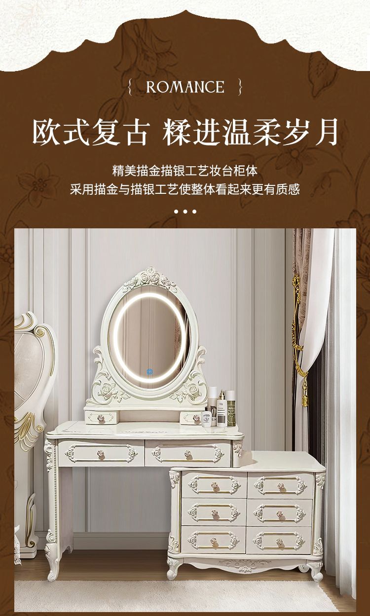 歐式梳妝檯臥室妝臺帶鏡子法式梳妝檯妝凳白色田園化妝桌雙抽