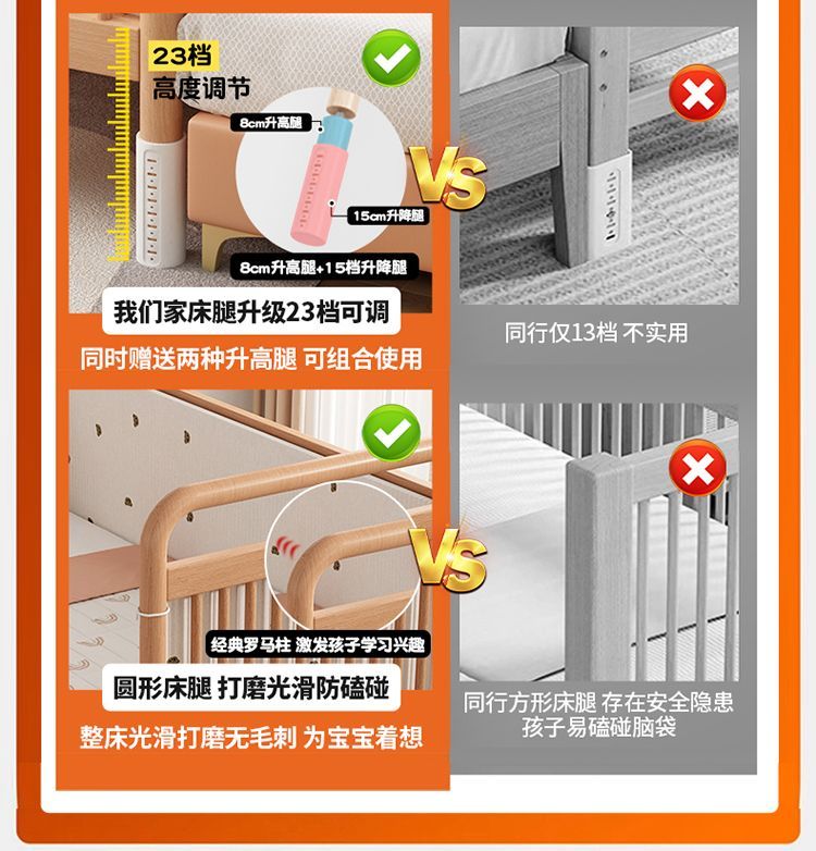 兒童拼接牀櫸木嬰兒牀寶寶實木牀邊兒童牀護欄小孩加寬升降小牀