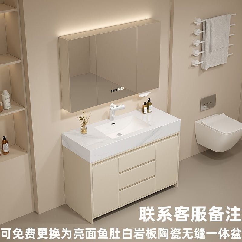 现代简约可丽耐一体盆岩板陶瓷洗手盆落地式浴室柜组合洗漱台定制