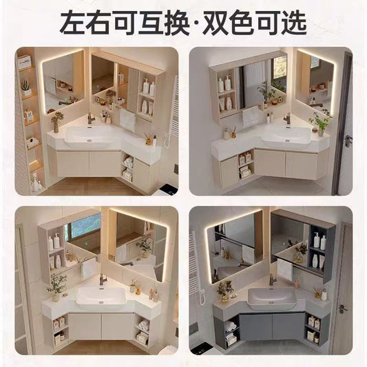 奶油風轉角浴室櫃小戶型拐角洗漱臺飛機盆三角智能浴室鏡櫃組合
