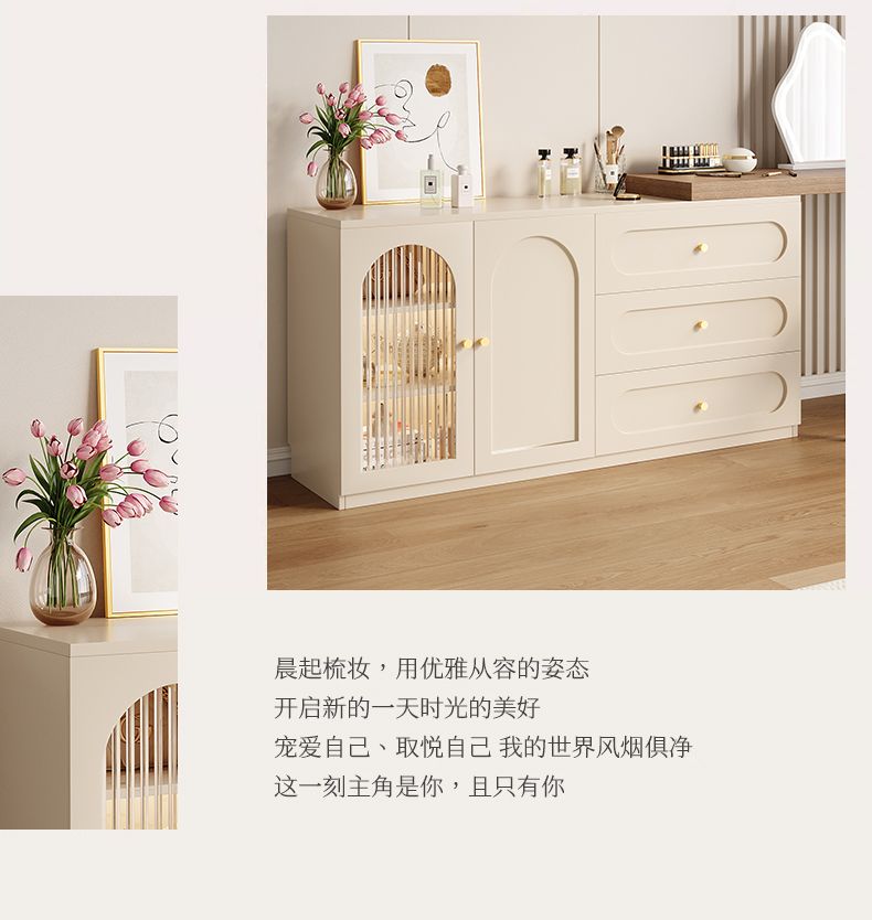 法式奶油風梳妝檯臥室現代簡約書桌鬥櫃一體網紅化妝桌小戶型伸縮