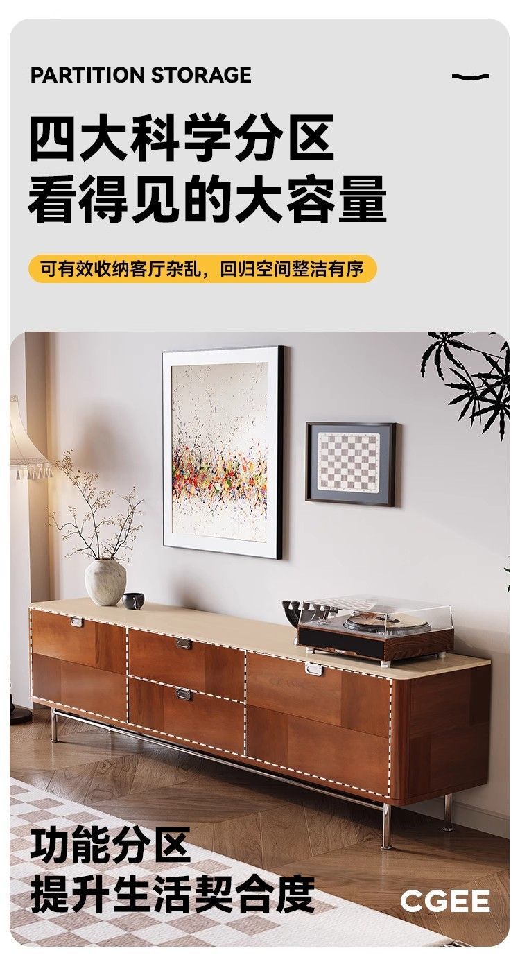 中古風實木柚木色電視櫃法式復古客廳高款地櫃柚木飾面全實木鬥櫃