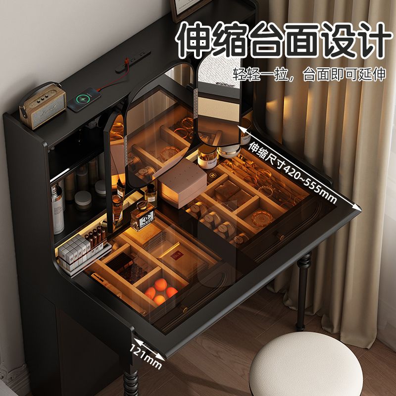 中古風隱藏式化妝鏡梳妝檯70公分主臥黑色化妝桌鏡子可摺疊翻轉90