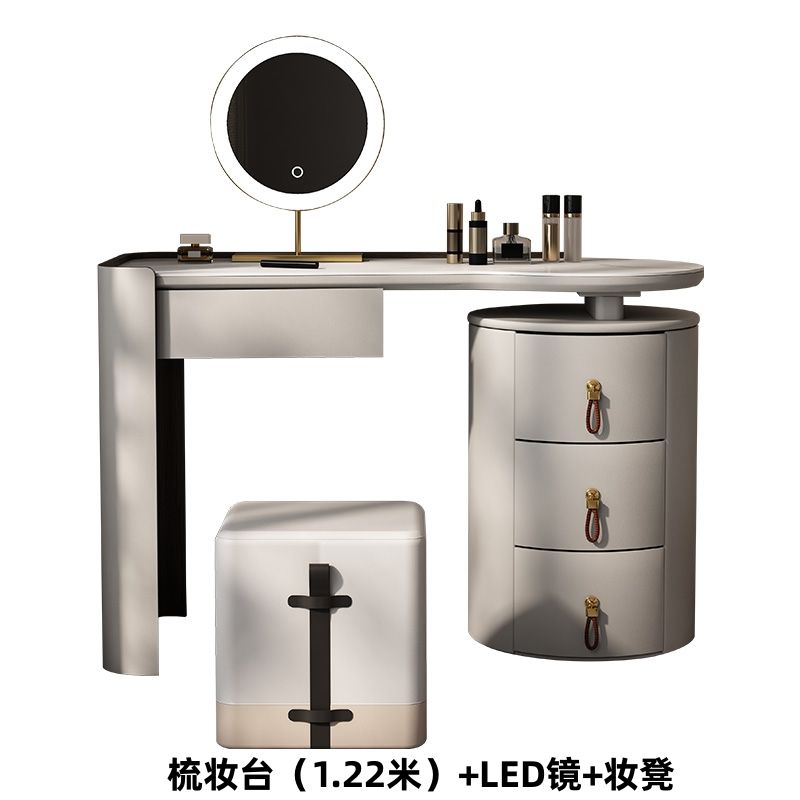 北歐現代馬鞍皮梳妝檯輕奢簡約設計師臥室巖板奶油風實木化妝桌子