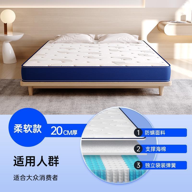 藍色記憶棉盒子壓縮捲包牀墊家用臥室乳膠獨立彈簧席夢思軟墊名牌