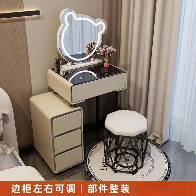 简约梳妆台奶油风化妆桌小户型现代轻奢化妆台梳妆台亮面钢化玻璃