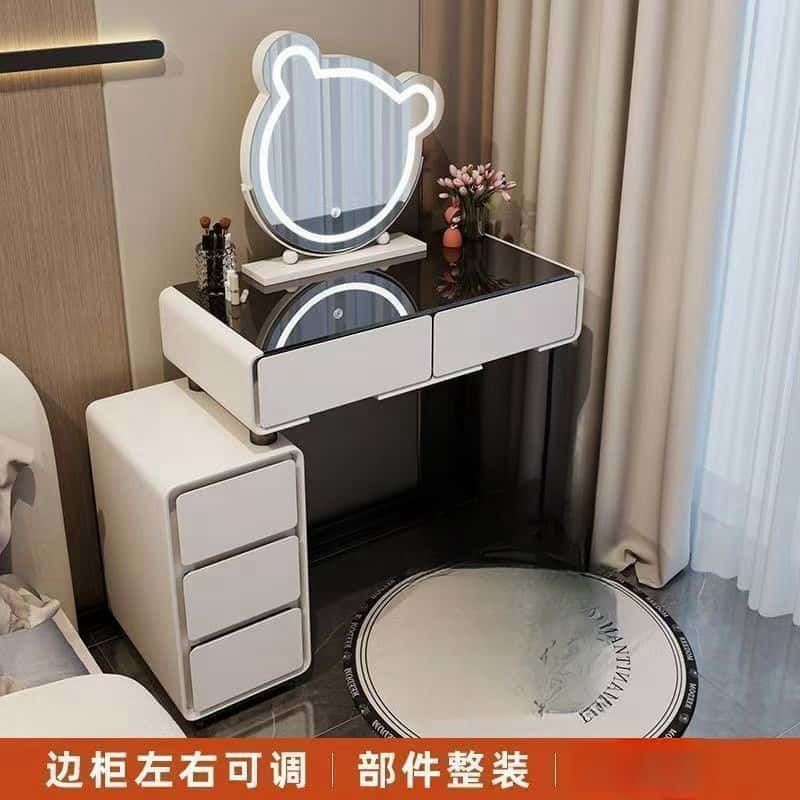 简约梳妆台奶油风化妆桌小户型现代轻奢化妆台梳妆台亮面钢化玻璃