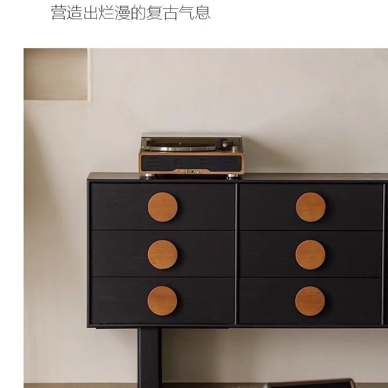 北歐中古實木電視櫃儲物法式復古現代簡約客廳玄關高款黑色地櫃