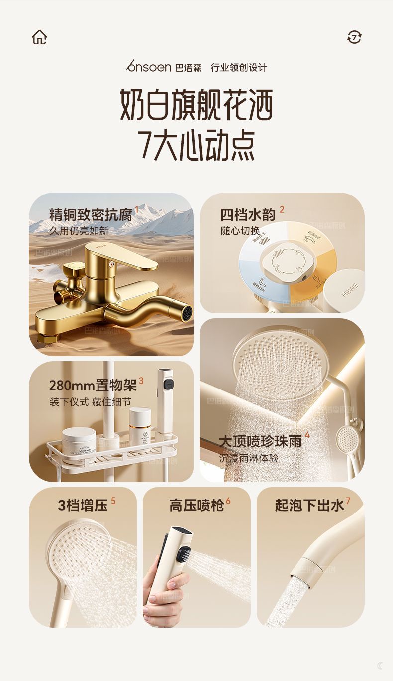 奶油風白色全銅淋浴花灑套裝家用浴室增壓淋浴器噴頭洗浴沐浴全套