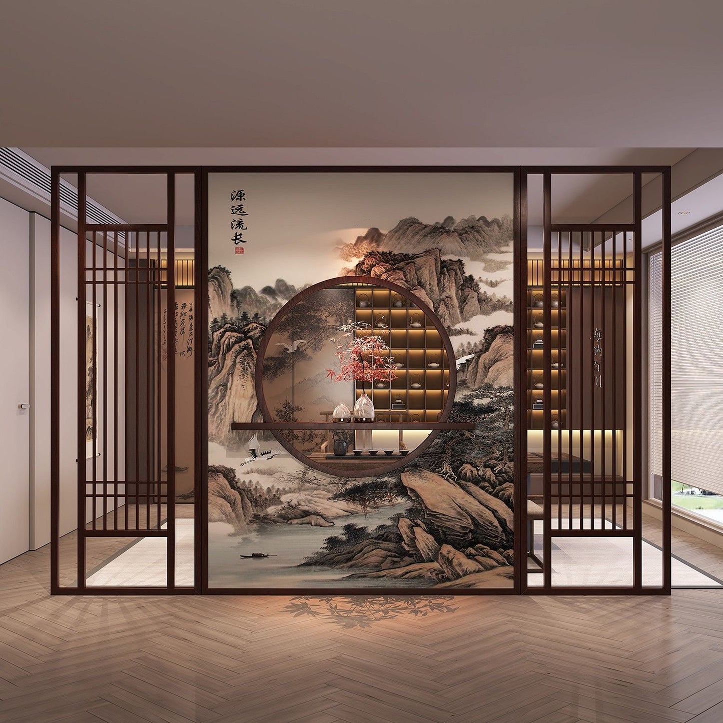 新中式實木屏風隔斷客廳玄關裝飾隔斷牆餐廳酒店背景牆格柵定製