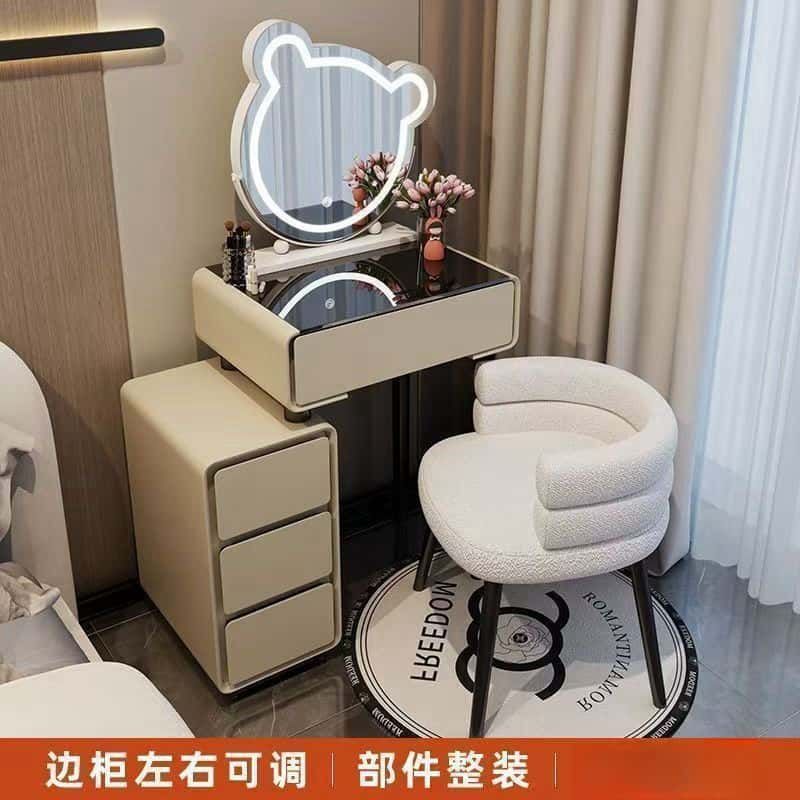 简约梳妆台奶油风化妆桌小户型现代轻奢化妆台梳妆台亮面钢化玻璃