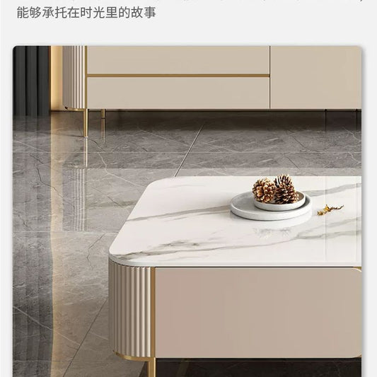 輕奢風巖板茶几電視櫃組合2022新款小戶型家用方型茶几影視機地櫃