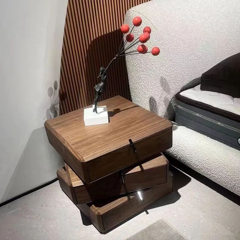 意式極簡旋轉牀頭櫃現代輕奢臥室ins風牀邊櫃黑橡木紋三鬥櫃小型