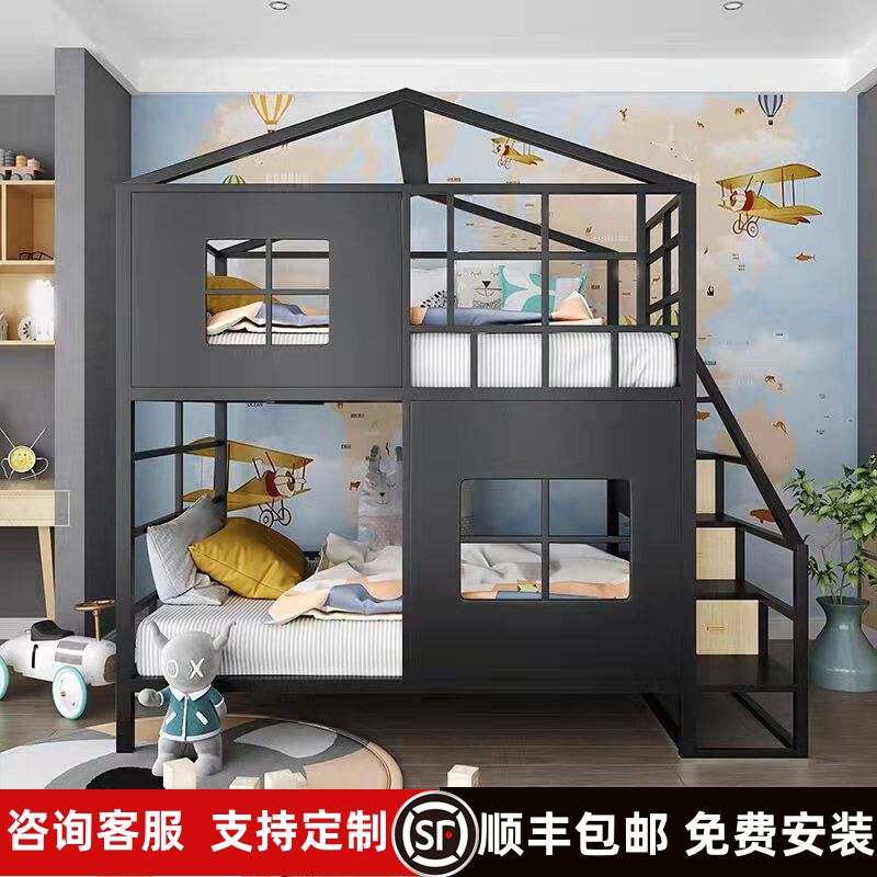 新款出租房兩層一體牀鐵藝上下鋪兒童公主牀定製梯櫃上下