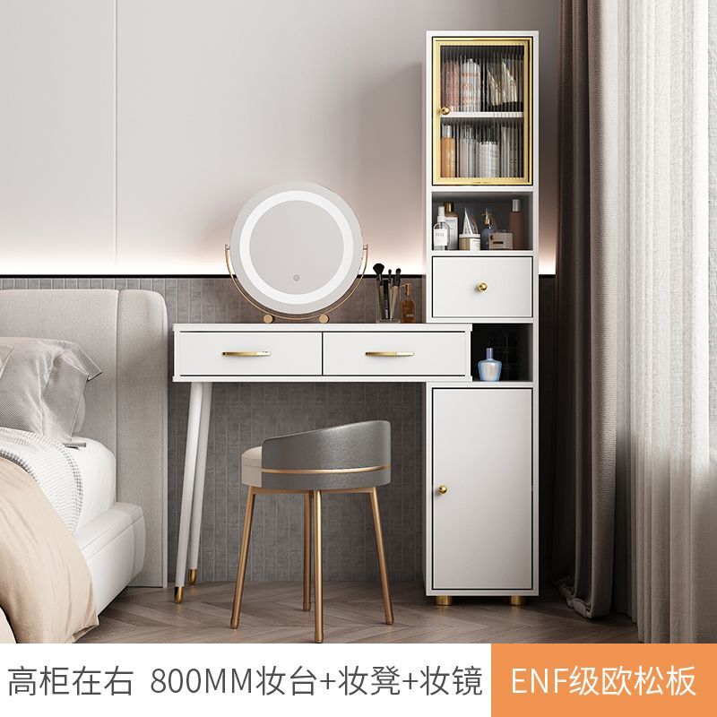 2024年新款輕奢巖板梳妝檯現代簡約儲物化妝桌伸縮收納一體香檳灰