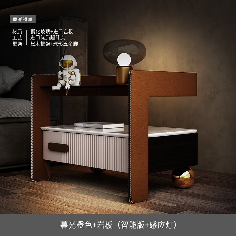 輕奢智能牀頭櫃巖板無線充電牀前櫃多功能感應燈簡約收納牀邊櫃