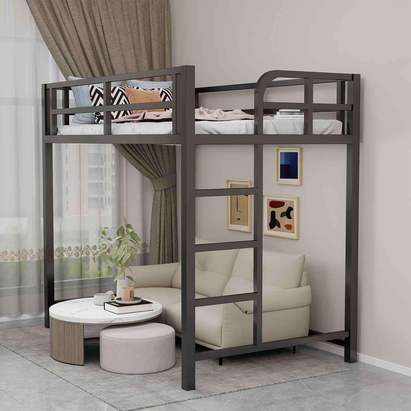 鐵藝高架牀小戶型黑色簡約現代鐵上下牀定製儲物