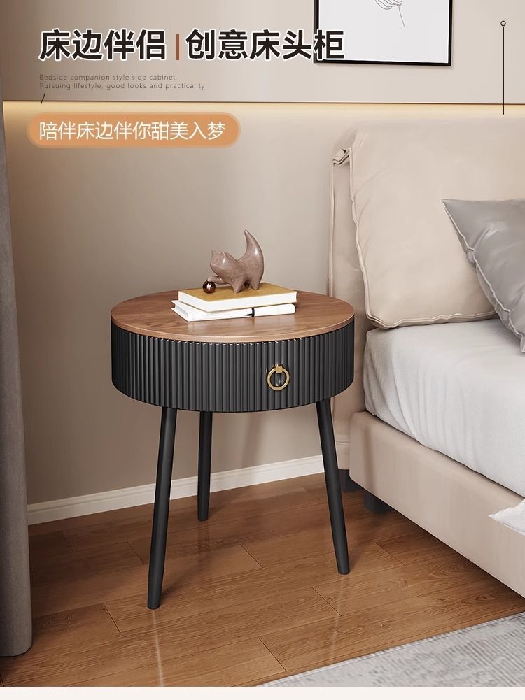 中古風創意邊幾客廳簡約圓形家用臥室牀頭櫃新款帶抽屜儲物置物架