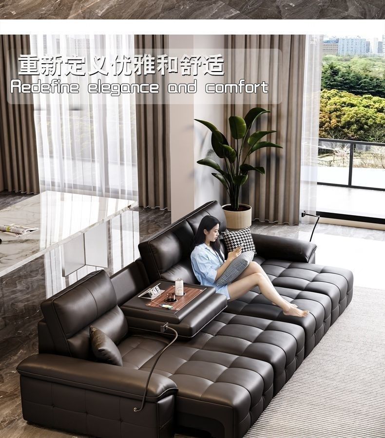 Lawrence Genuine Leather Italian Light Luxury Wall-Hugger Power Reclining Sofa Bed with Middle Flip Retractable Function