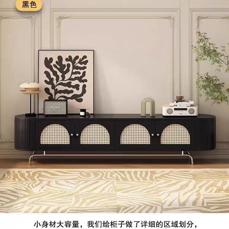 實木藤編茶几電視櫃復古小戶型客廳法式組合電視機儲物櫃落地家用