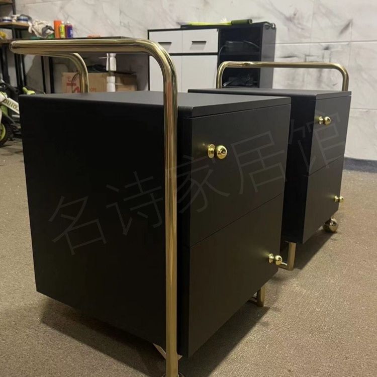 中古牀頭櫃現代黑色簡約臥室不鏽鋼收納極簡儲物櫃實木多層板高端