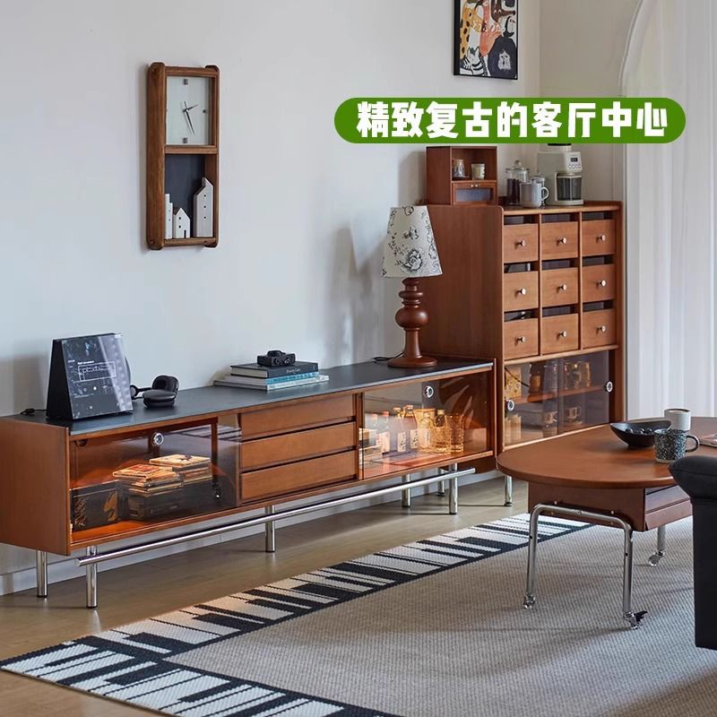 簡約現代覓谷實木中古風電視櫃巖板小戶型收納儲物櫃電視機櫃