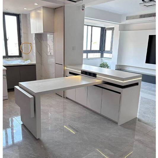 轻奢纯白色旋转岛台定制多功能储物岩板餐桌一体家用厨房伸缩旋转