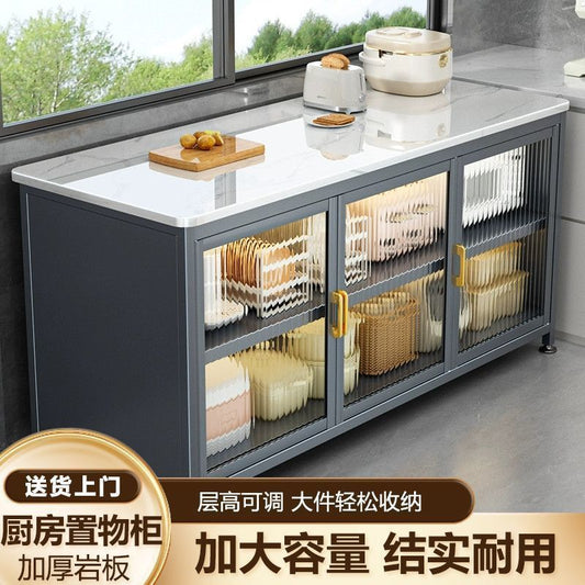 对开门厨房橱柜落地多层岩板收纳柜多功能微波炉烤箱切菜储物柜