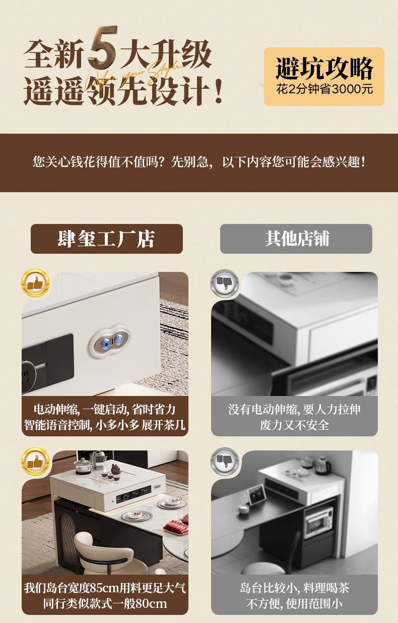 巖板電動島臺餐桌一體家用可伸縮摺疊兩用帶暖菜板方變圓桌中島臺
