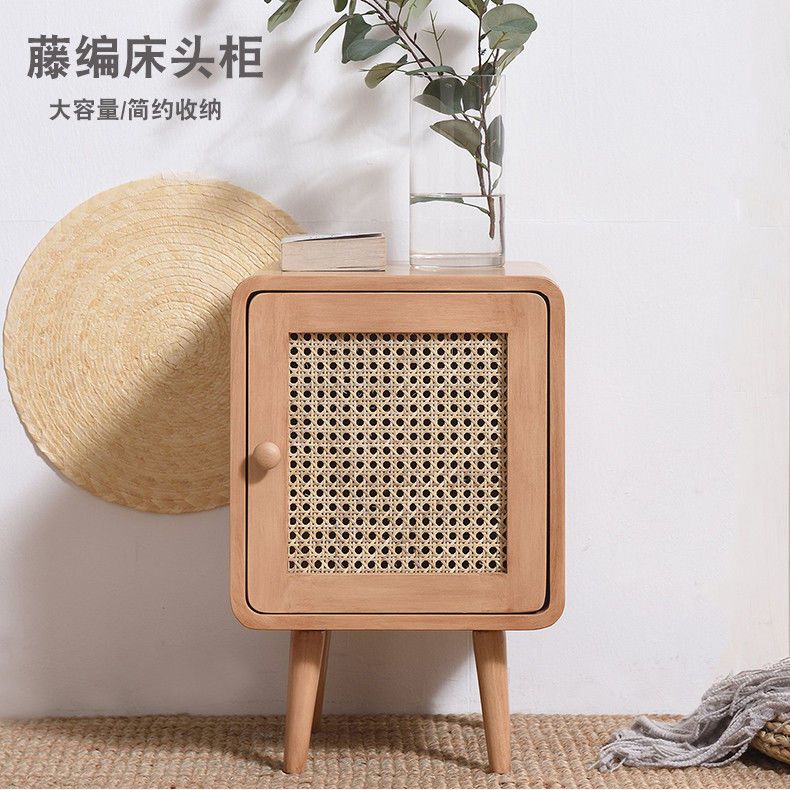 輕奢牀頭櫃簡約現代小戶型迷你實木牀頭收納臥室儲物櫃藤編牀頭櫃