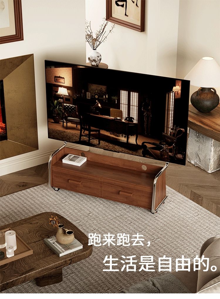 北歐復古實木電視架客廳家用落地電視櫃設計師創意可移動帶輪掛架